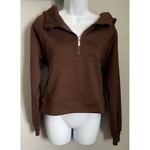 LASLULU Womens 1/2 Zip Brown Cropped Hoodie Thumb Holes Center Pocket Size Small